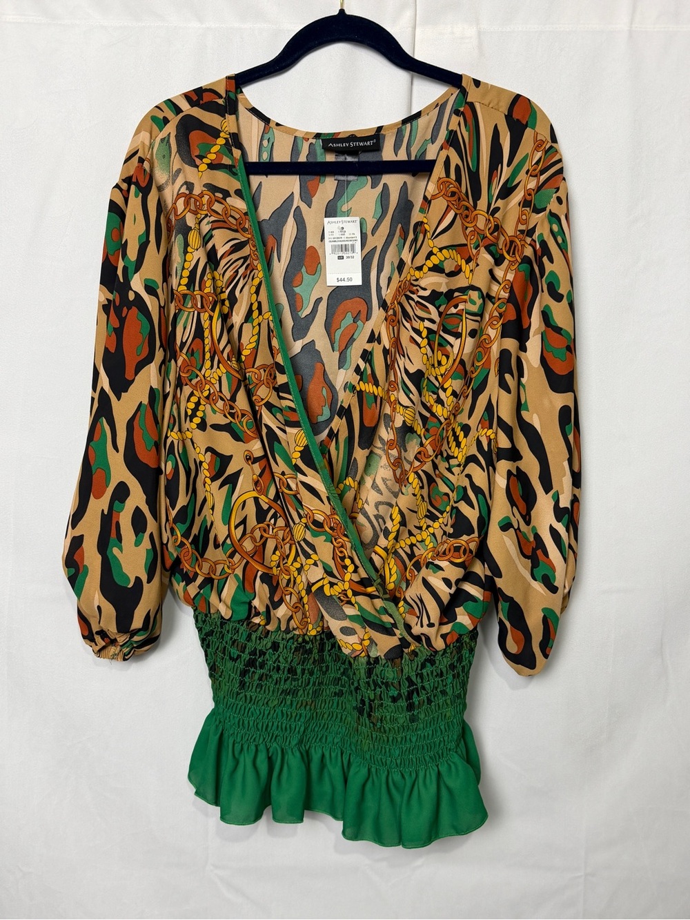 NWT Ashley Stewart Leopard Print Smocked Faux Wrap Blouse Plus Size 30/32